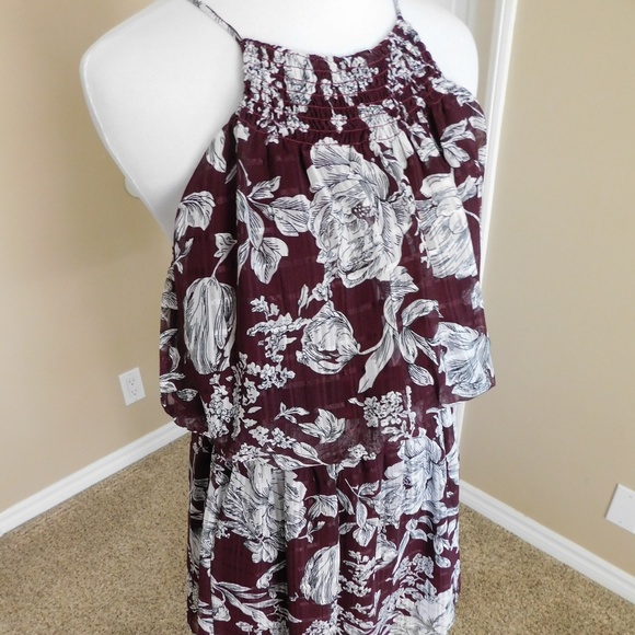 Maroon, Red, White Floral Halter Mini Sun Dress - Picture 2 of 6